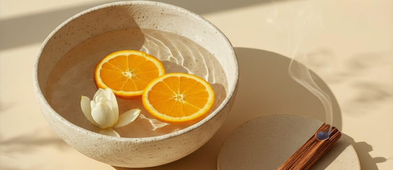Eine Wasserschale mit Orangenscheiben und ein Räucherstäbchen zur Vorbereitung auf die ganzheitliche Beratung bei Mental Load.